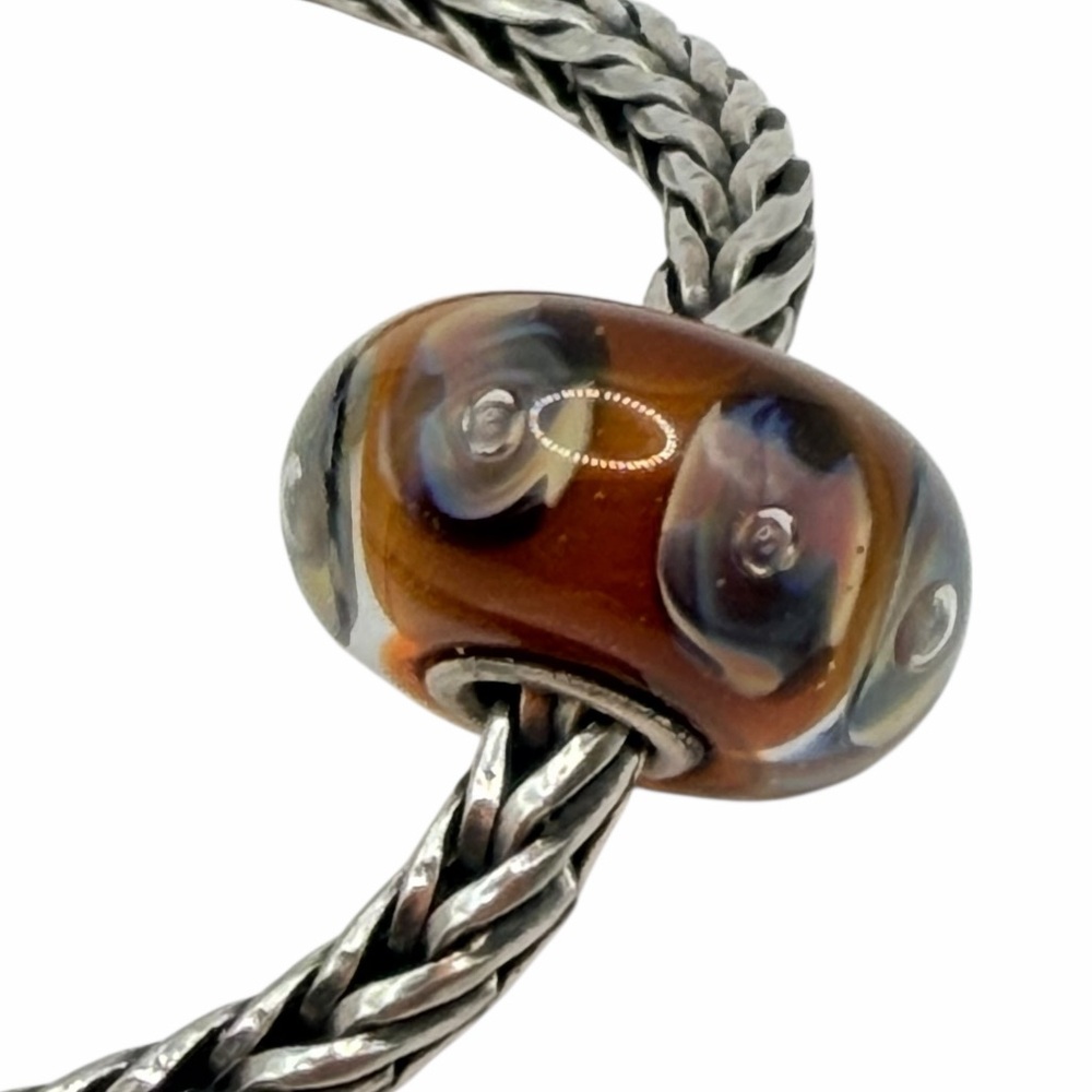 Vintage Early Trollbeads LAA Glass Bead Amber Brown Blue Dots Sterling Core 925